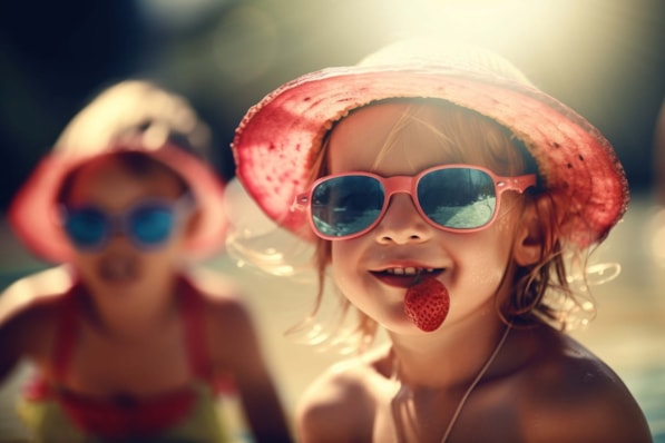 zomer kind zon hoedje zonnebril aardbei